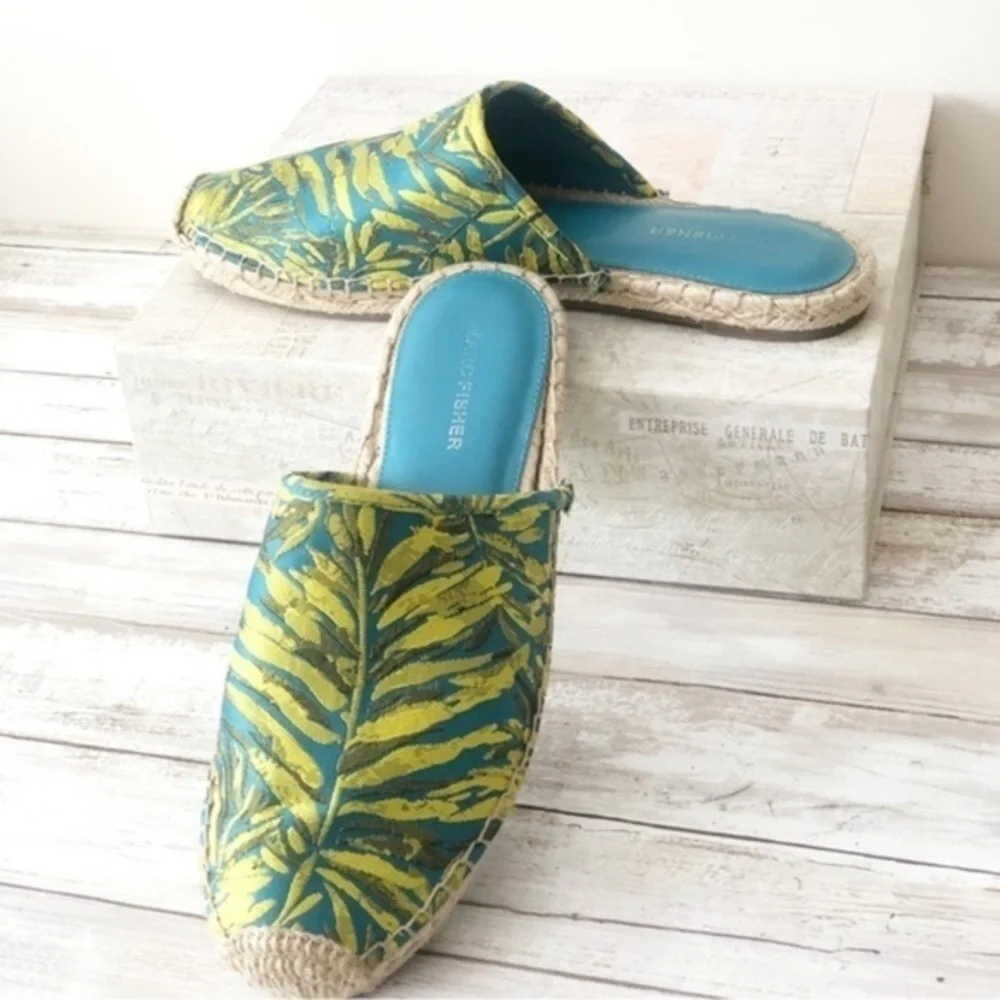Marc Fisher Palm Leaf Slip On Jute Espadrille Size 9.5M Summer Resort Vacation